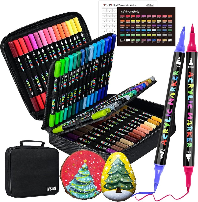 IVSUN Acrylic Paint Pens, 60 Colors Dual Tip Paint Markers with Fine Tip and Brush Tip for Stone, Wood, Canvas, Calligraphy, Ceramic, Metal, Glass, Rock Painting, DIY Crafts Art Supplies Kit - Image 1